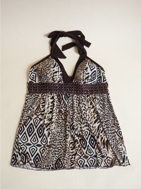 BCX Animal Print Halter Knit Leather Detail Y2K Blouse - Size Medium
